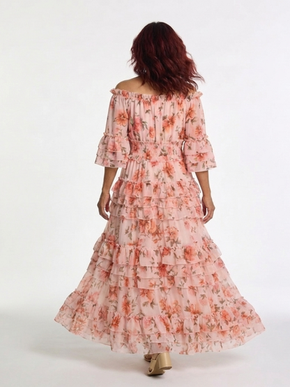 Rosalie | Abito Maxi a Righe Floreali con Spalle Scoperte