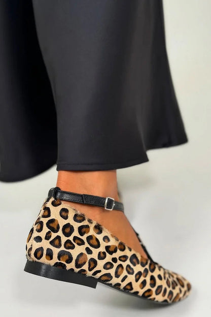 Ballerine beige leopardate con fibbia e cinturino a T [Pre-Ordine]