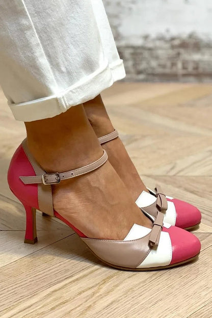 Tacchi a spillo fucsia color block con fiocco e punta rotonda