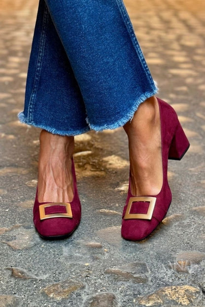 Décolleté patchwork Blu Marino a punta quadrata con tacco largo