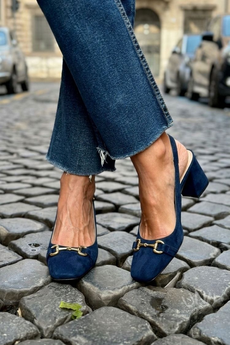 Slingback con tacco a blocco in camoscio oliva