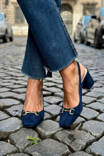 Slingback con tacco a blocco in camoscio oliva