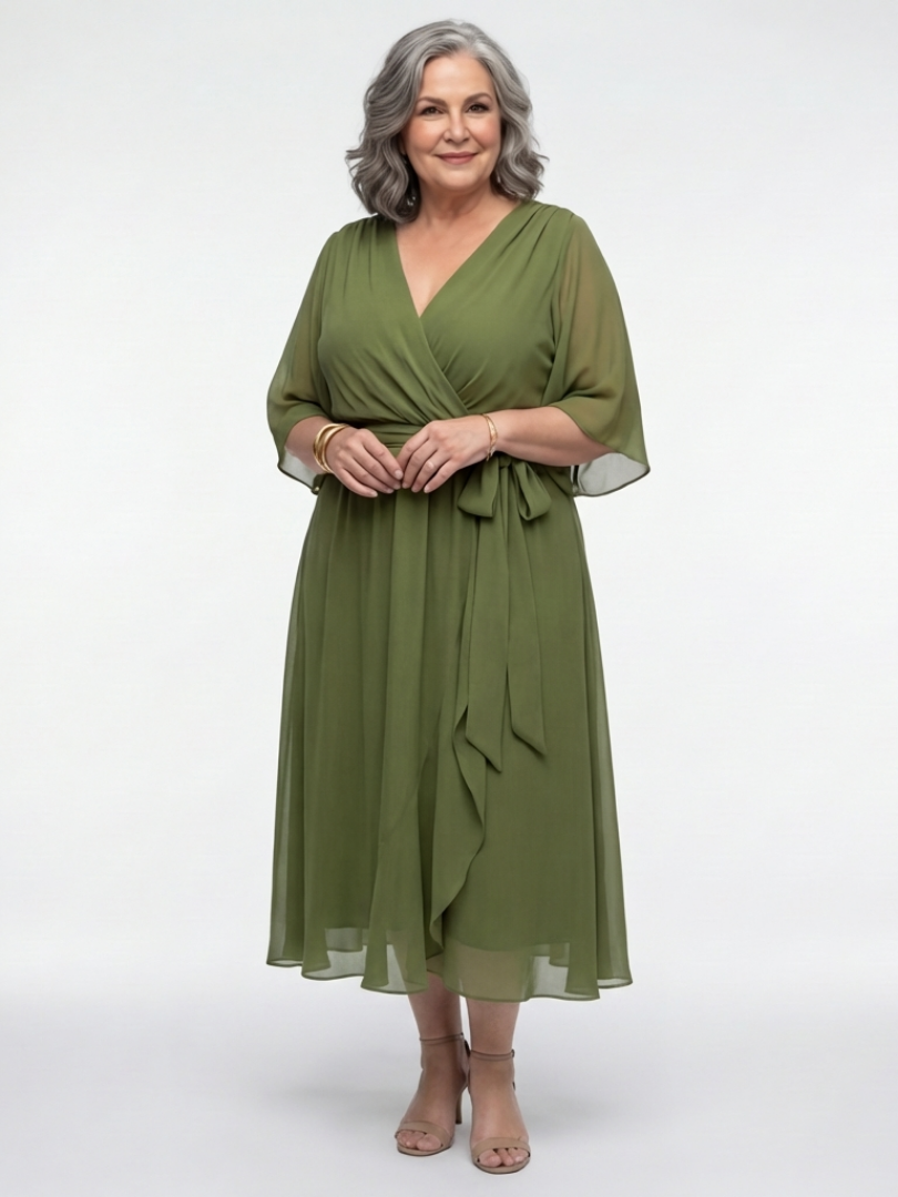 Elysia | Abito midi drappeggiato con scollo a V e cintura in vita
