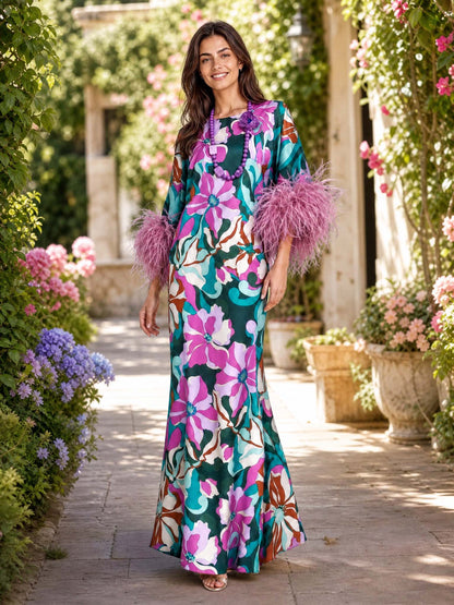 Abito lungo in satin floreale