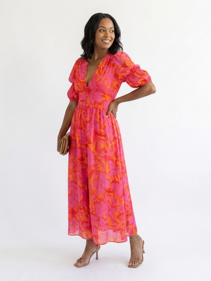 Willow | Abito midi floreale con scollatura a V e maniche a sbuffo