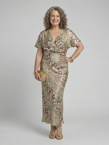 Coralie | Abito Midi con Stampa Astratta, Scollo a V e Vita Arricciata