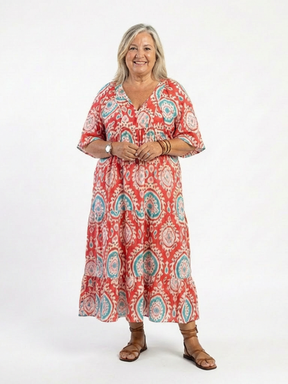 Zaria | Abito midi a maniche corte con scollatura a V e stampa paisley