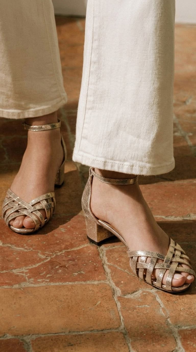 Sandali peep toe intrecciati oro con cinturino alla caviglia e fibbia