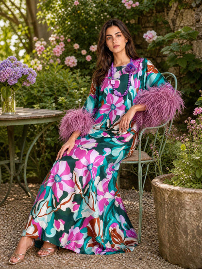 Abito lungo in satin floreale