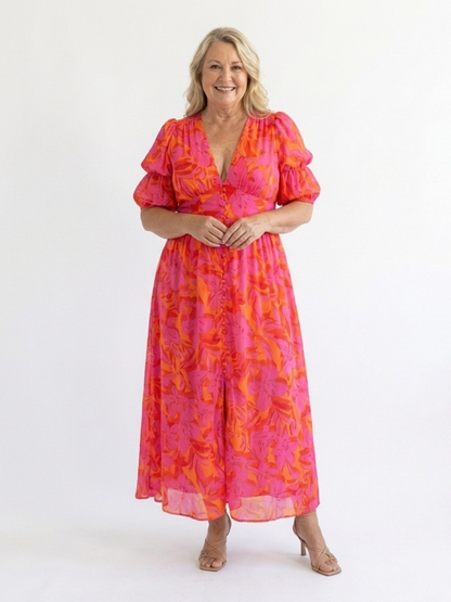 Willow | Abito midi floreale con scollatura a V e maniche a sbuffo