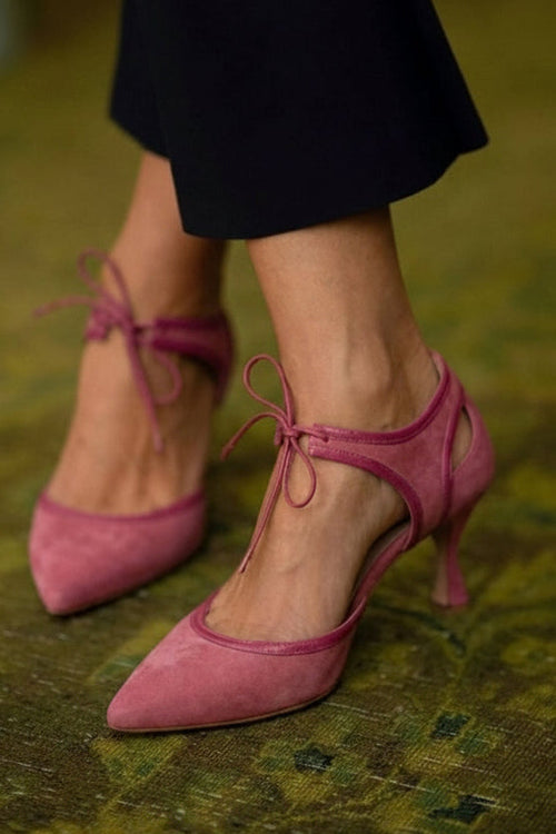 Décolleté in suede bicolore rosa a punta con fiocco