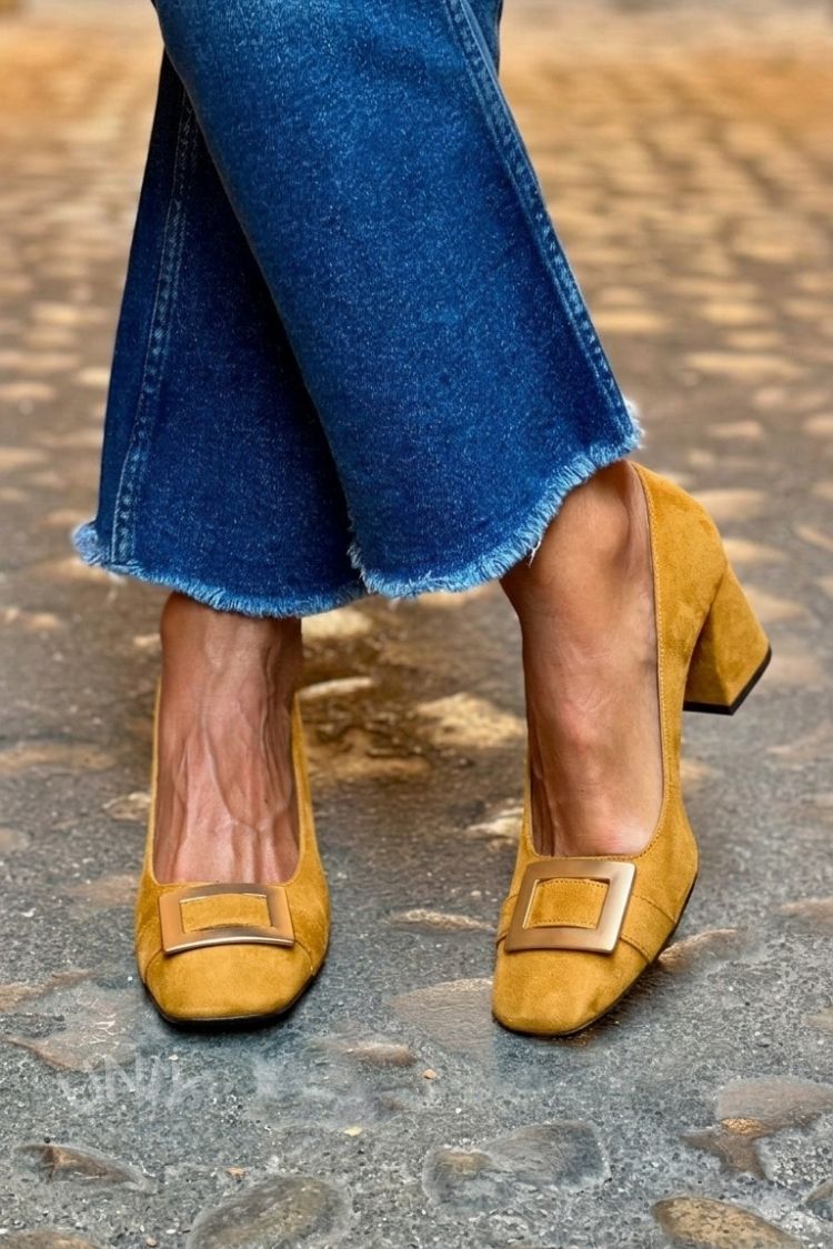 Décolleté patchwork Blu Marino a punta quadrata con tacco largo