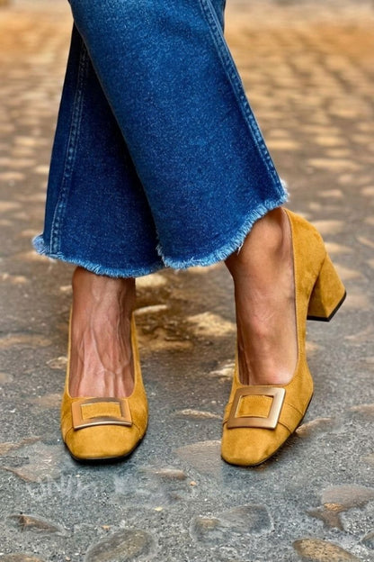 Décolleté patchwork Blu Marino a punta quadrata con tacco largo