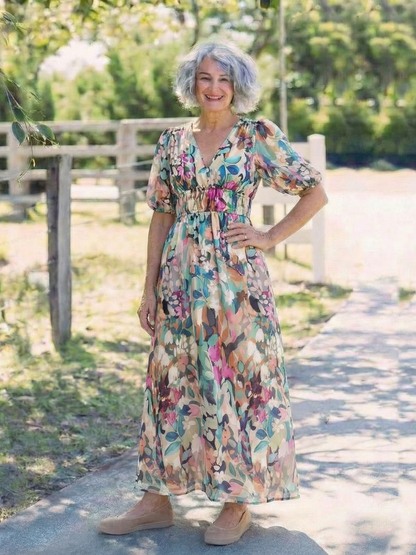 Eulalie | Abito midi a maniche corte con scollo a V e vita arricciata