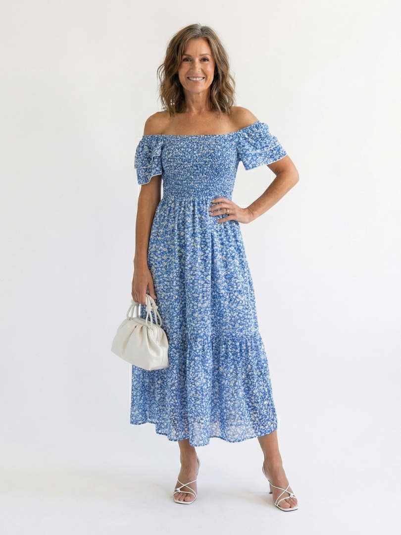 Odette | Abito Midi a Spalle Scoperte con Fiori Arricciati