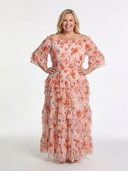 Rosalie | Abito Maxi a Righe Floreali con Spalle Scoperte