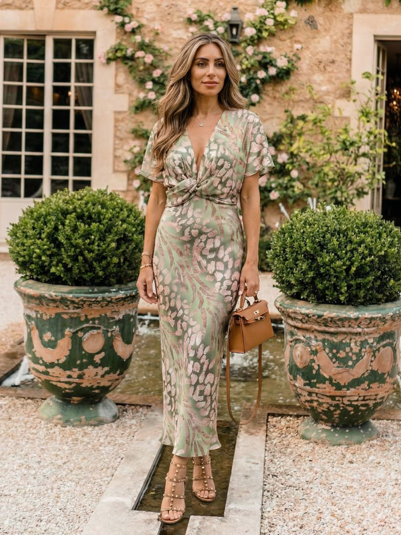 Coralie | Abito Midi con Stampa Astratta, Scollo a V e Vita Arricciata
