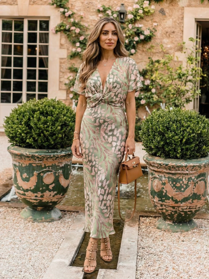 Coralie | Abito Midi con Stampa Astratta, Scollo a V e Vita Arricciata