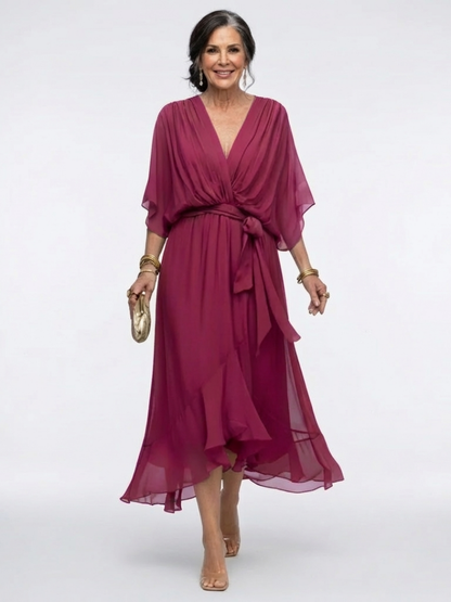 Elysia | Abito midi drappeggiato con scollo a V e cintura in vita