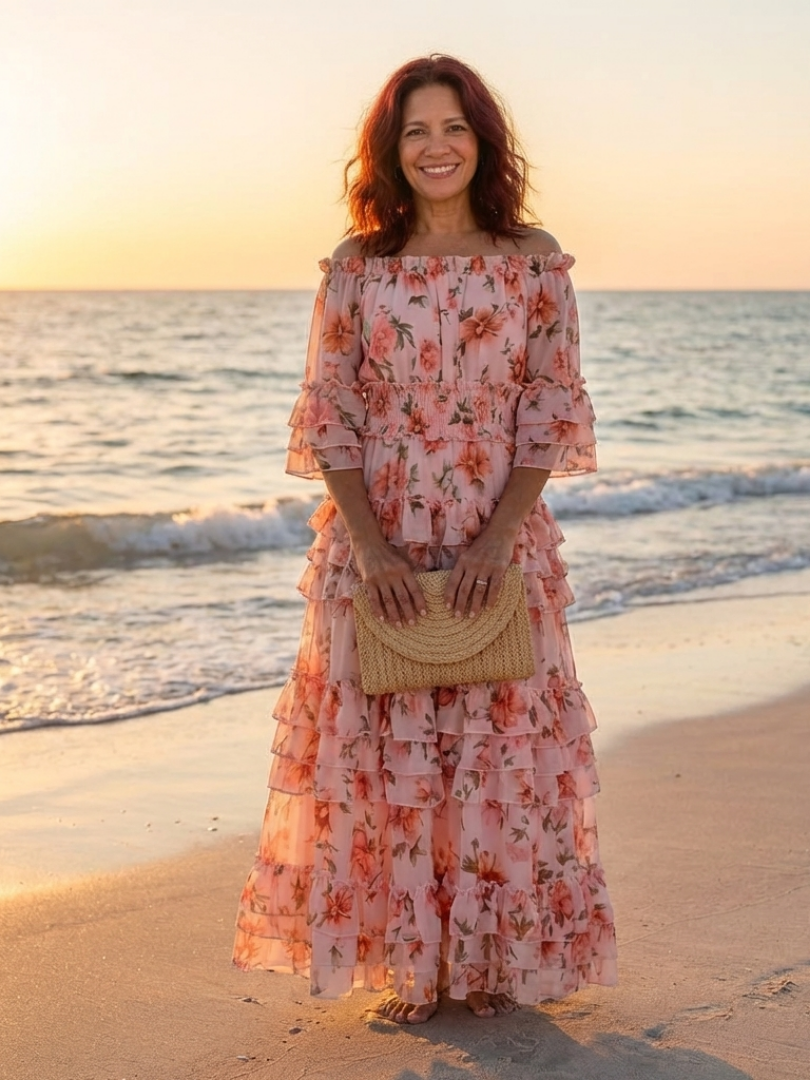 Rosalie | Abito Maxi a Righe Floreali con Spalle Scoperte