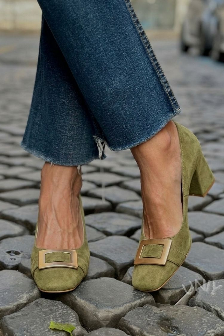 Décolleté patchwork Blu Marino a punta quadrata con tacco largo