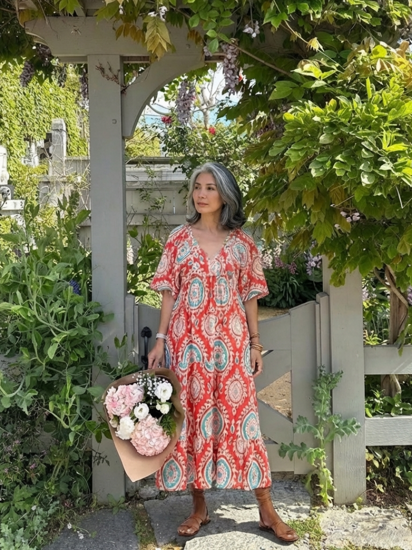 Zaria | Abito midi a maniche corte con scollatura a V e stampa paisley