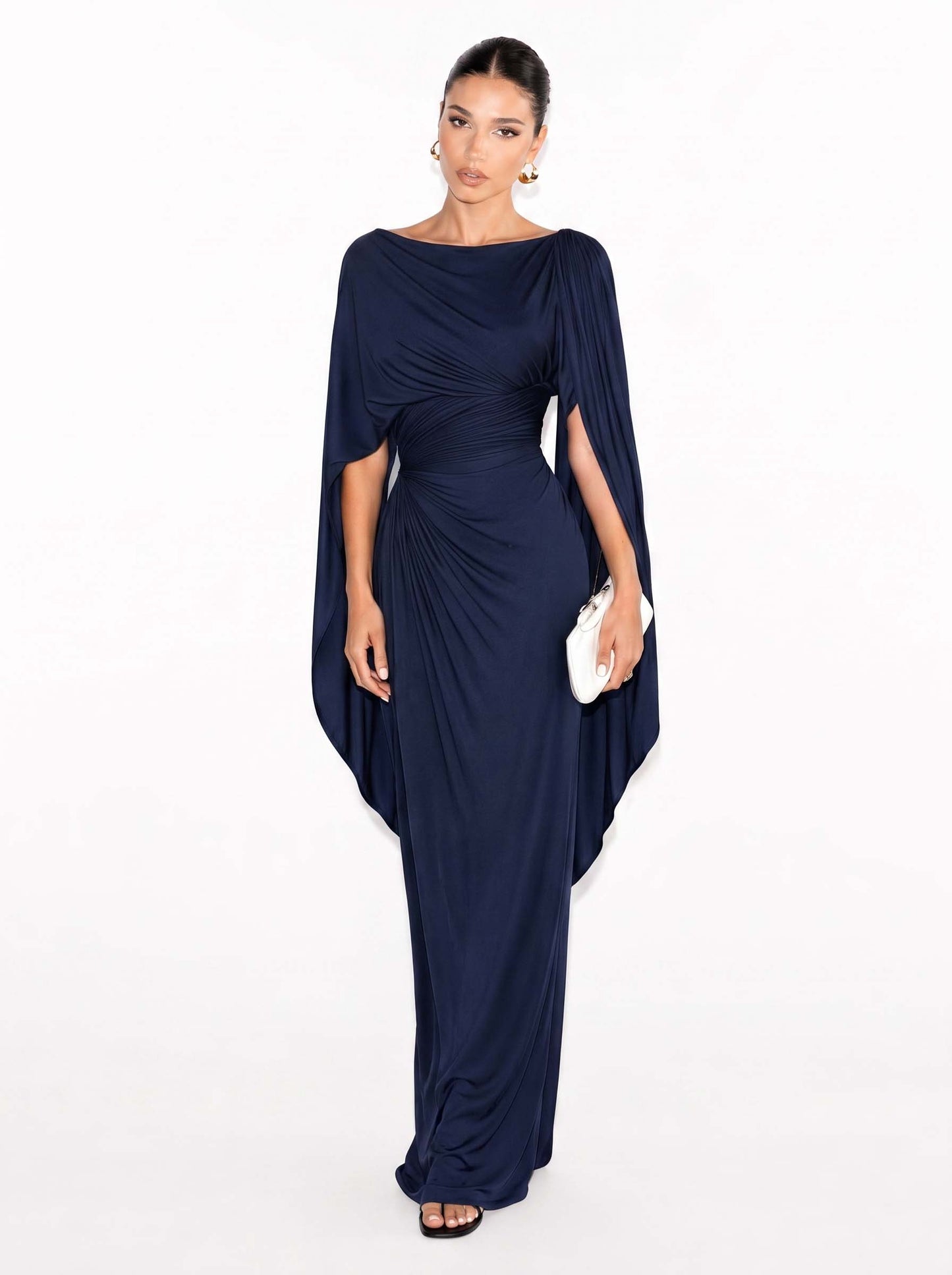 Abito lungo slim fit con scollatura plissettata