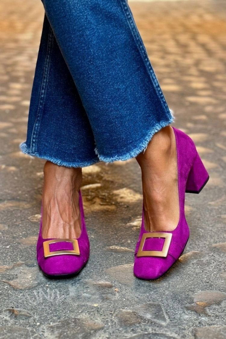 Décolleté patchwork Blu Marino a punta quadrata con tacco largo