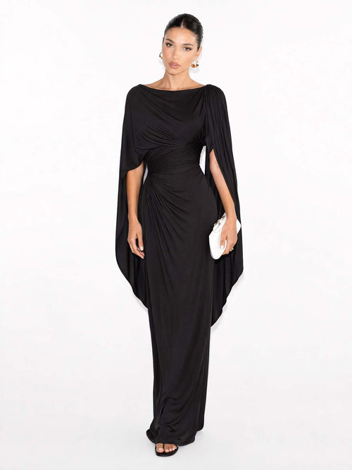 Abito lungo slim fit con scollatura plissettata