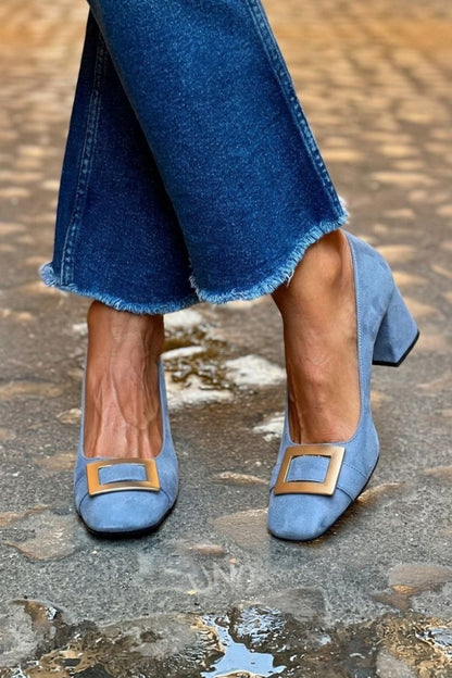 Décolleté patchwork Blu Marino a punta quadrata con tacco largo