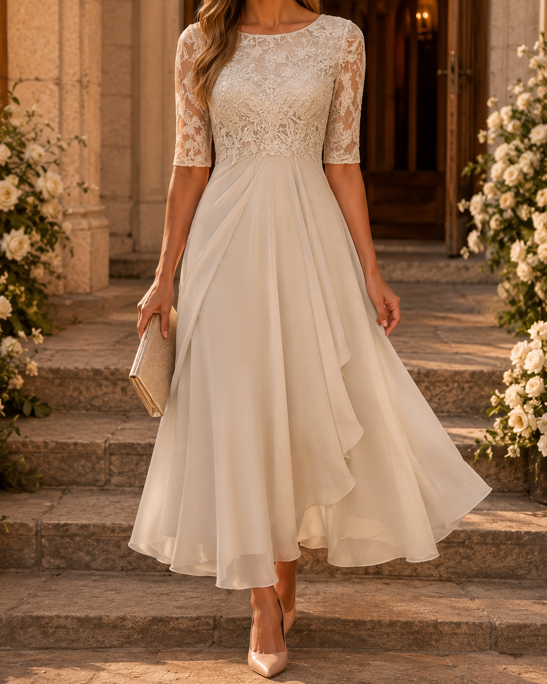 Abito Midi Rosa in Pizzo