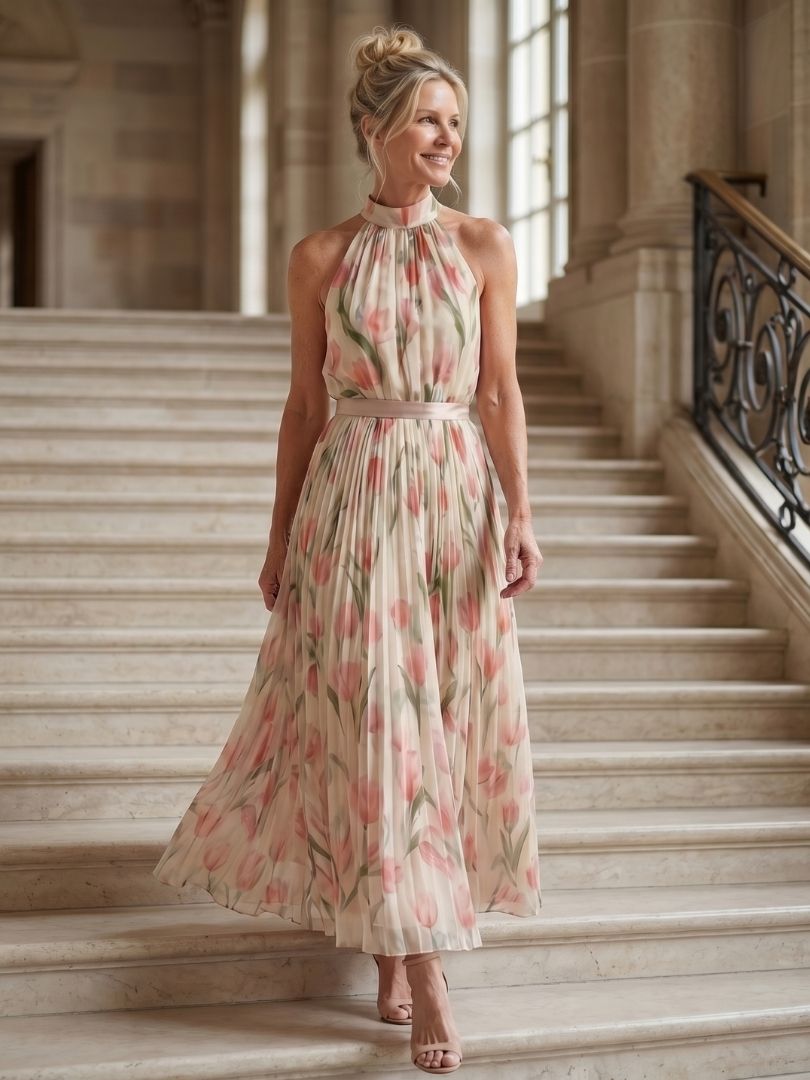 Aurelle | Abito Midi a Fiori con Scollo Halter