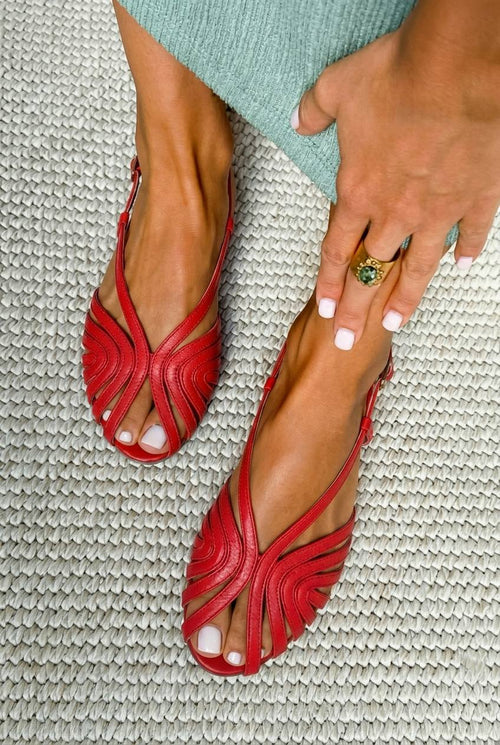 Sandali rossi in pelle con cinturini, peep toe, bassi, estivi