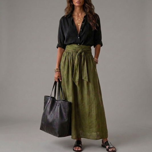 SAHARA | Set Due Pezzi: Top Nero e Gonna Midi Verde Oliva