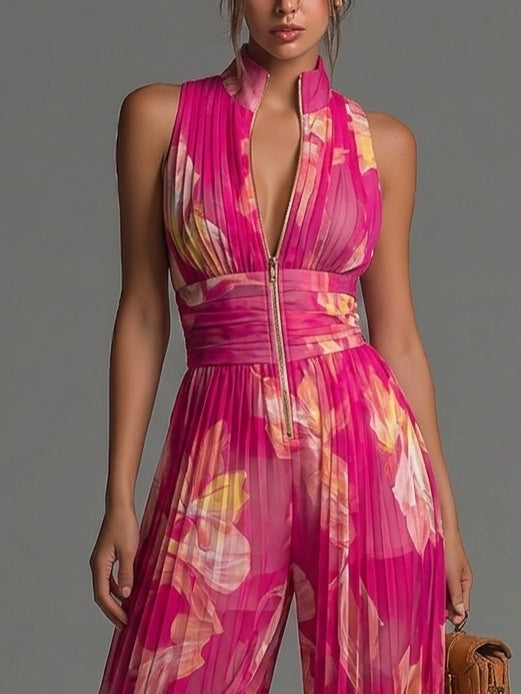 Tuta Serafina | Chiffon Plissettato Fucsia con Fiori