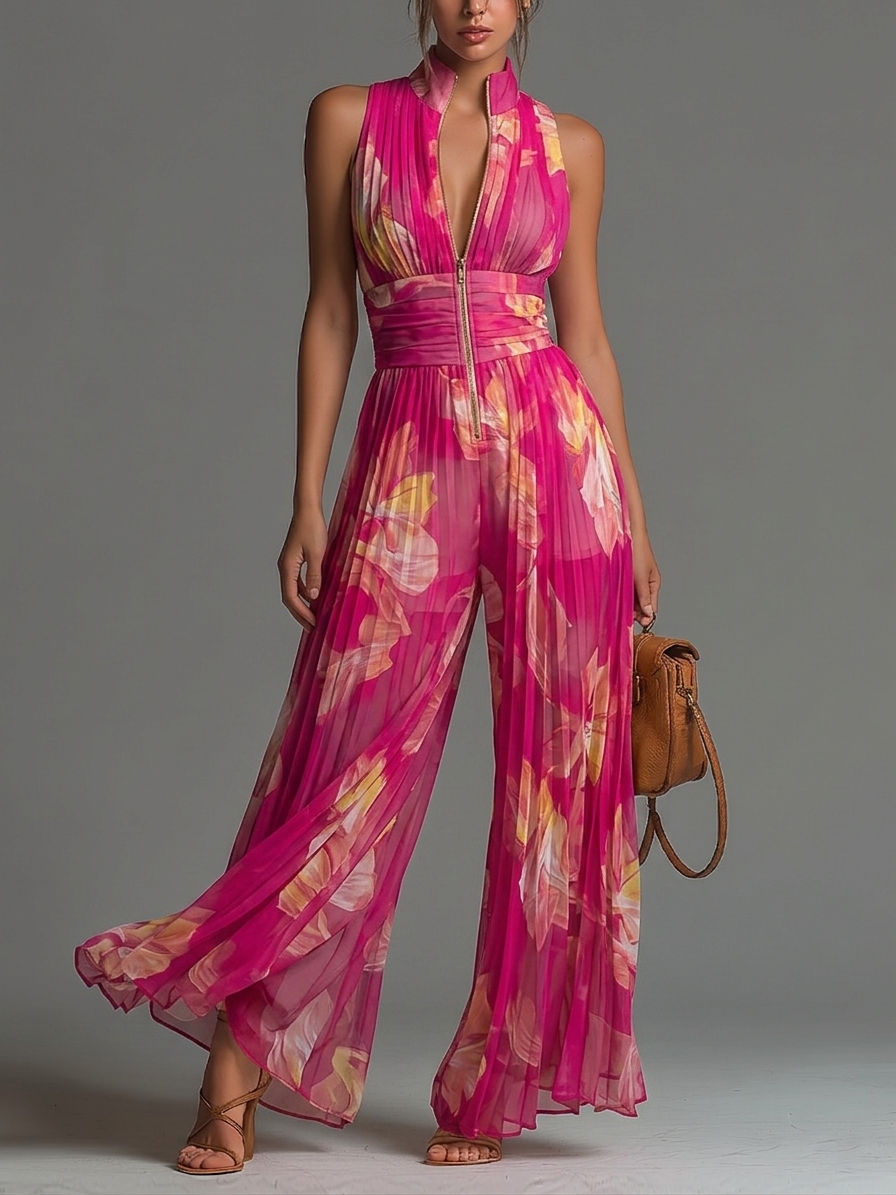 Tuta Serafina | Chiffon Plissettato Fucsia con Fiori