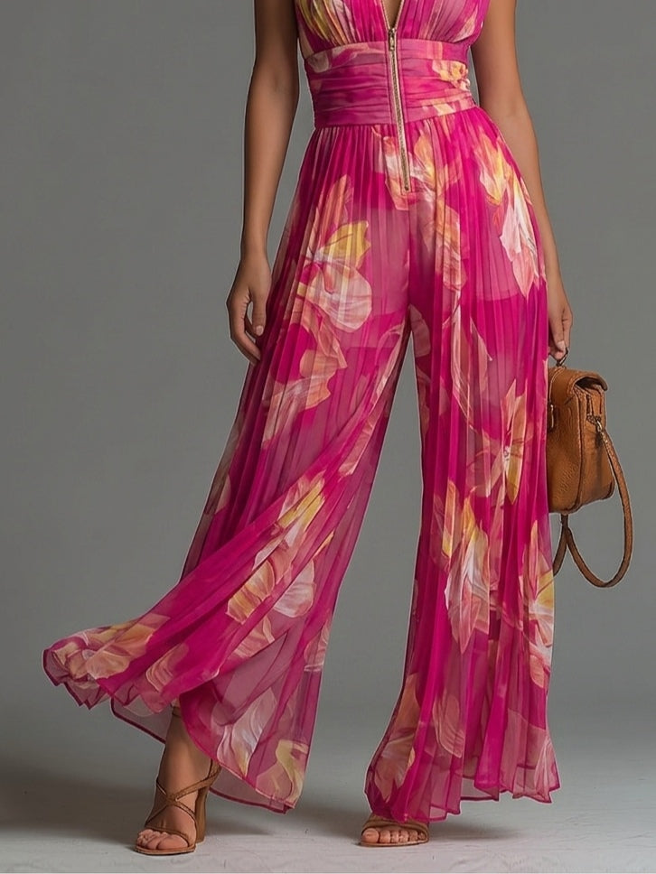 Tuta Serafina | Chiffon Plissettato Fucsia con Fiori