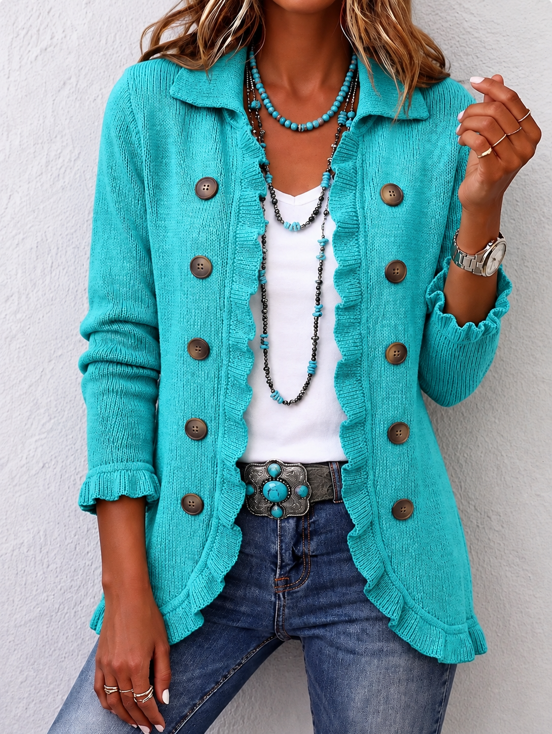 Renée | Cardigan turchese con volant