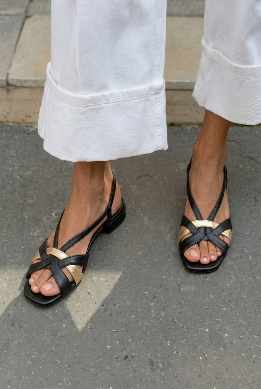 Sandali slingback a punta quadrata con cinturini incrociati e tacco basso