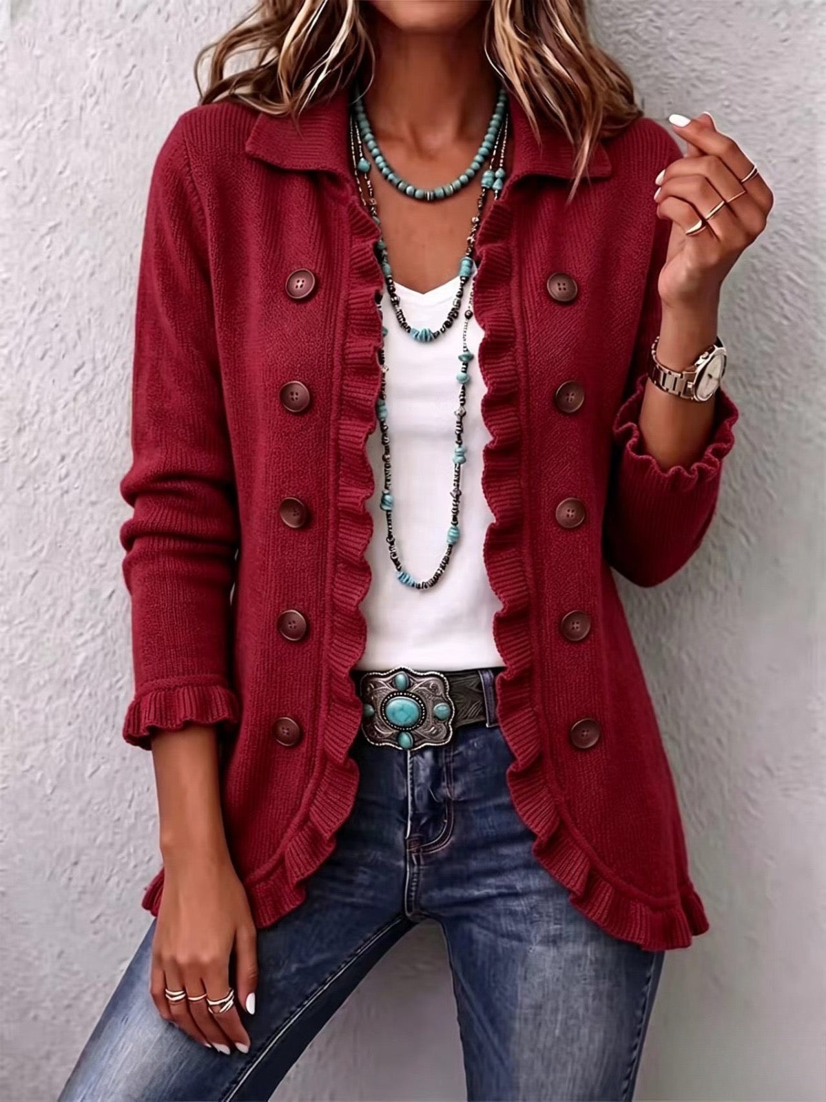 Réjane | Cardigan rosso con volant