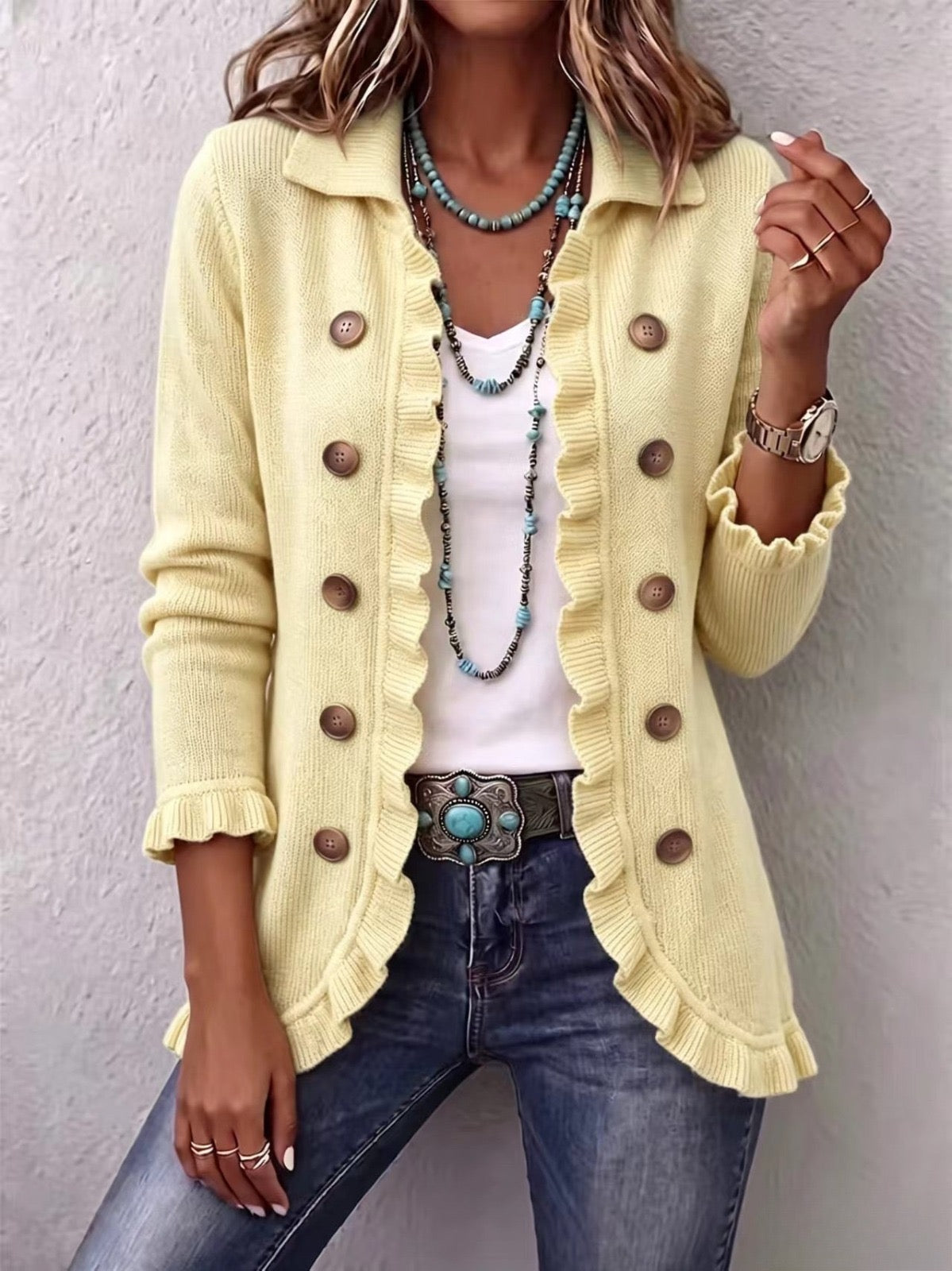 Suzanne | Cardigan crema con rouches