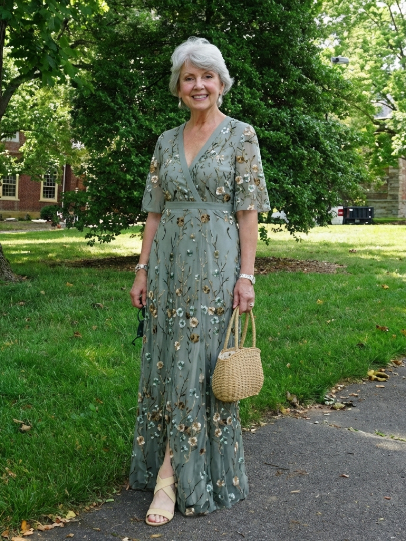 Evadne | Abito maxi floreale con scollo a V e maniche corte
