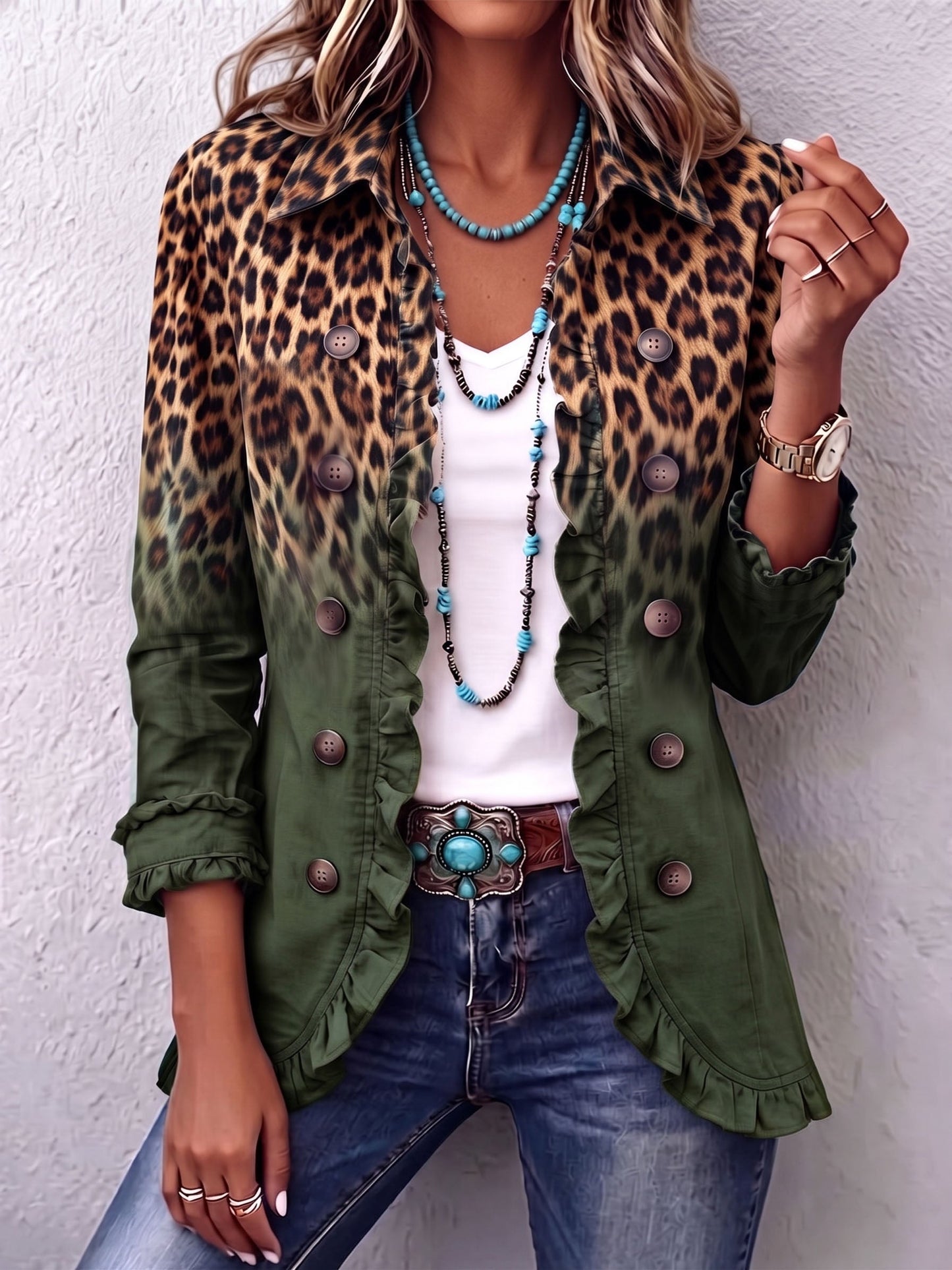 Chantal | Blazer con sfumature e motivo leopardato con ruches
