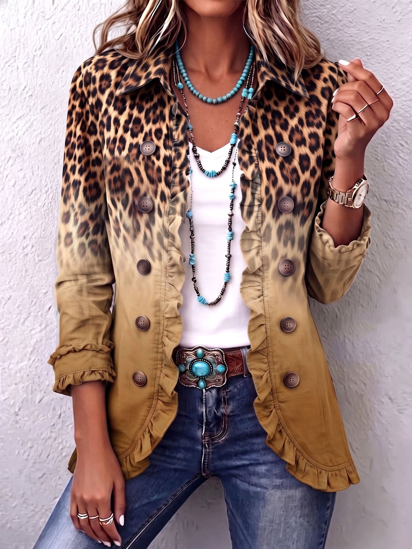 Évelyne | Blazer leopardato giallo ocra con ruches