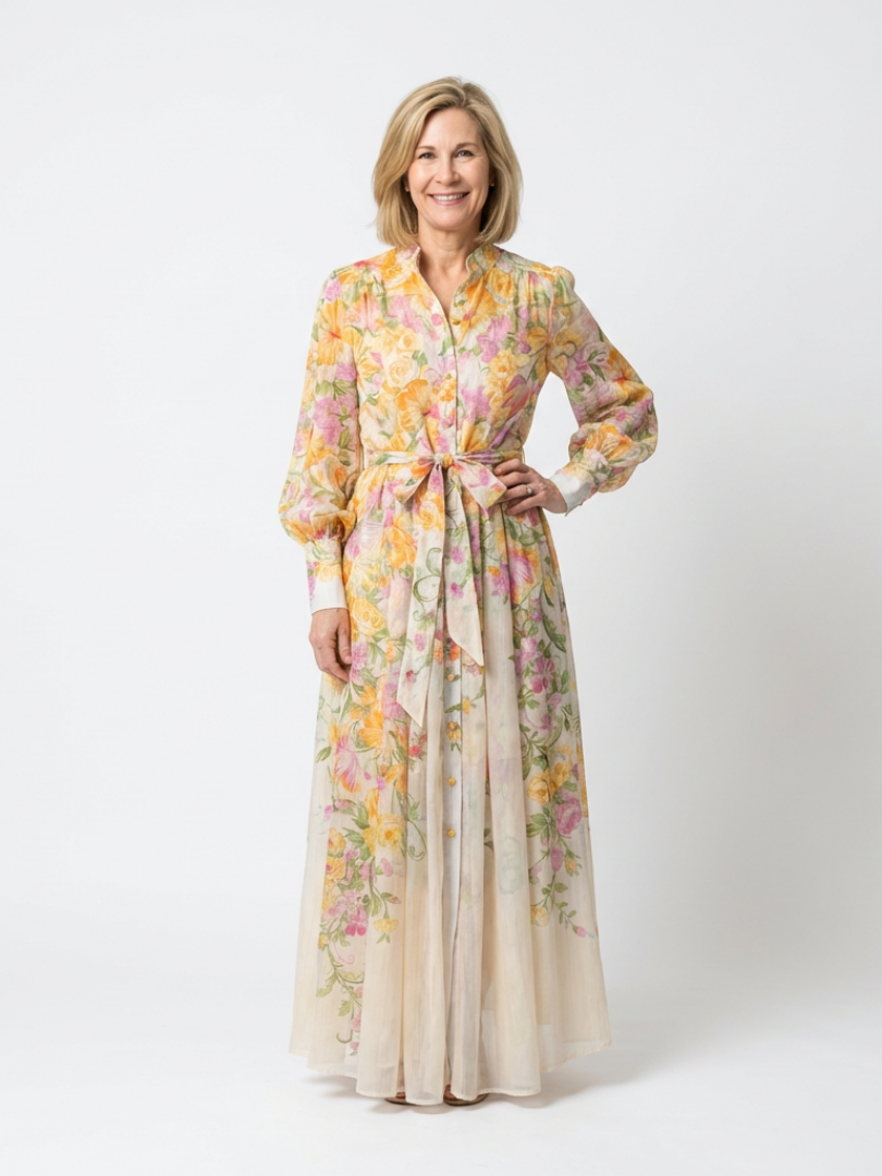 Cressida | Abito maxi floreale trasparente con maniche lunghe