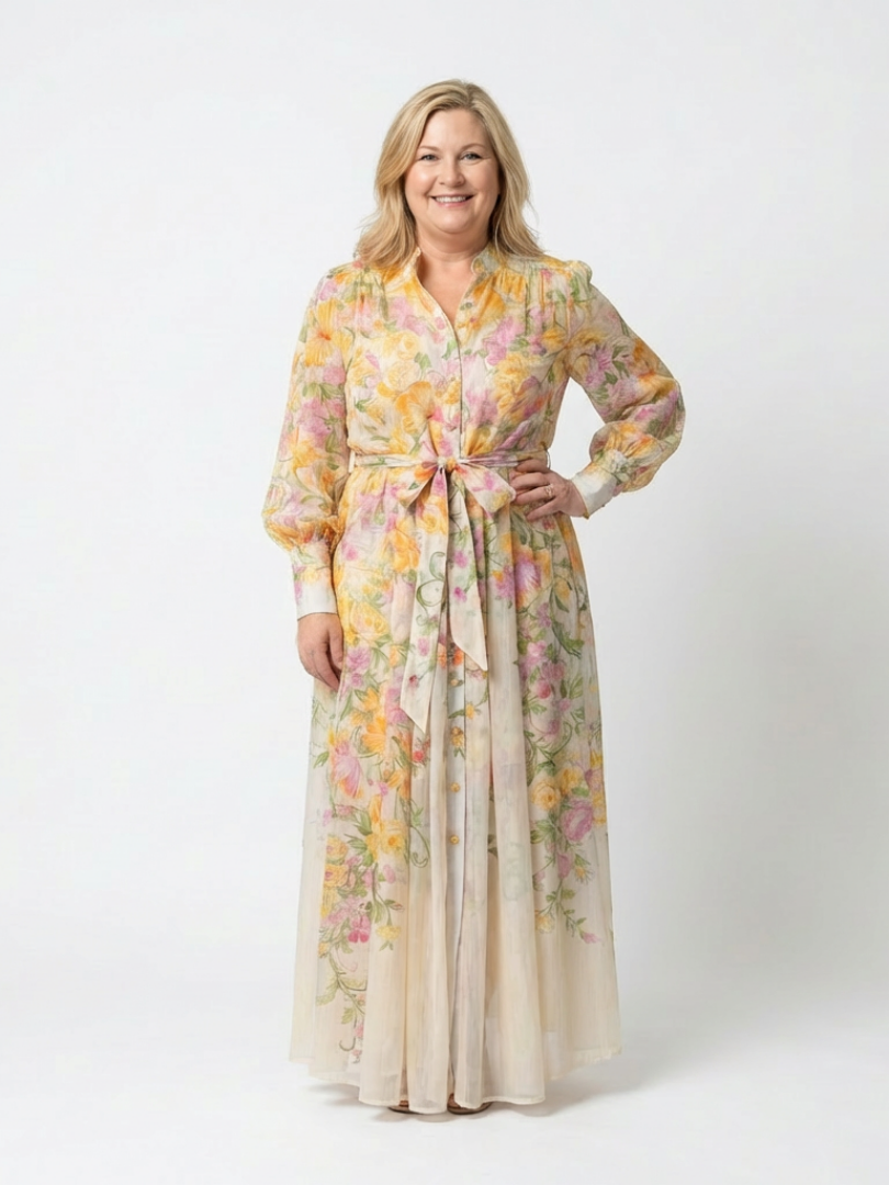Cressida | Abito maxi floreale trasparente con maniche lunghe