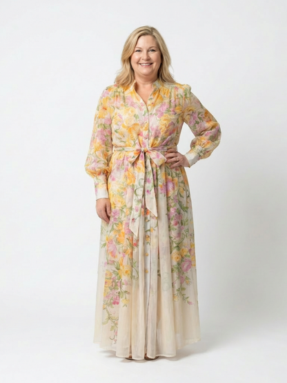 Cressida | Abito maxi floreale trasparente con maniche lunghe