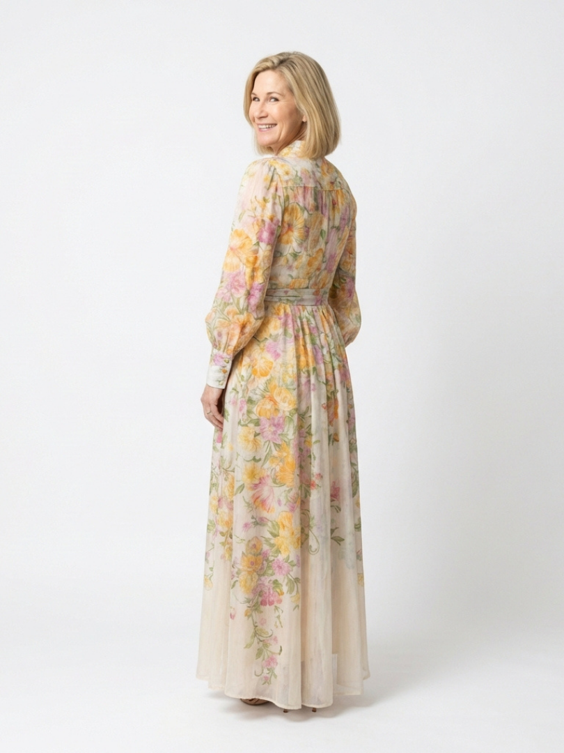 Cressida | Abito maxi floreale trasparente con maniche lunghe