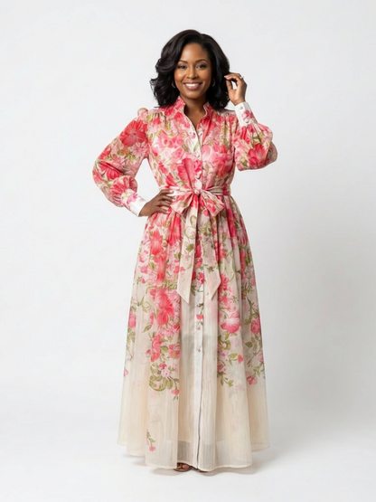 Cressida | Abito maxi floreale trasparente con maniche lunghe