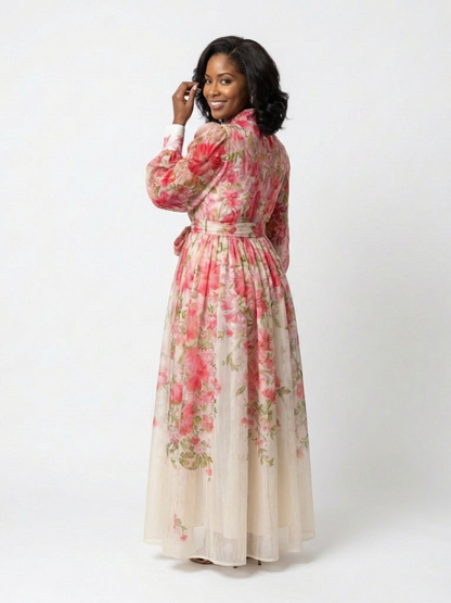 Cressida | Abito maxi floreale trasparente con maniche lunghe